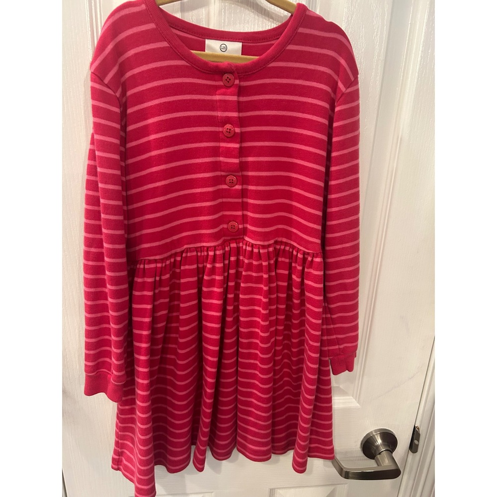 Hanna Andersson Dress Pink Red Striped Cotton Long Sleeve Button Front Kids 120